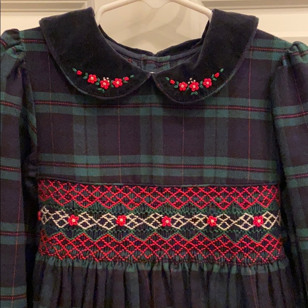 Girls navy/green plaid, hand smocked flannel dress